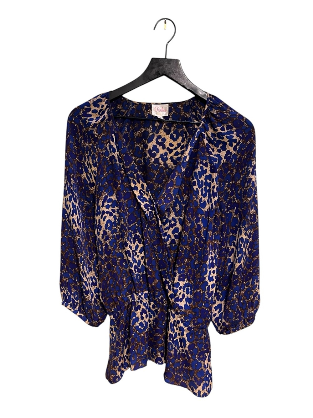 Parker silk Bright Blue Leopard Print Wrap Blouse size small